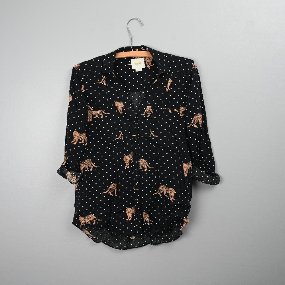 Maeve by Anthropologie Black / White Cheetah Print Tab Sleeve Blouse - Size 0